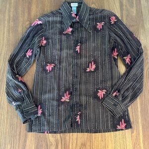 Vintage Brown Silk Floral-Print Long-Sleeve Shirt